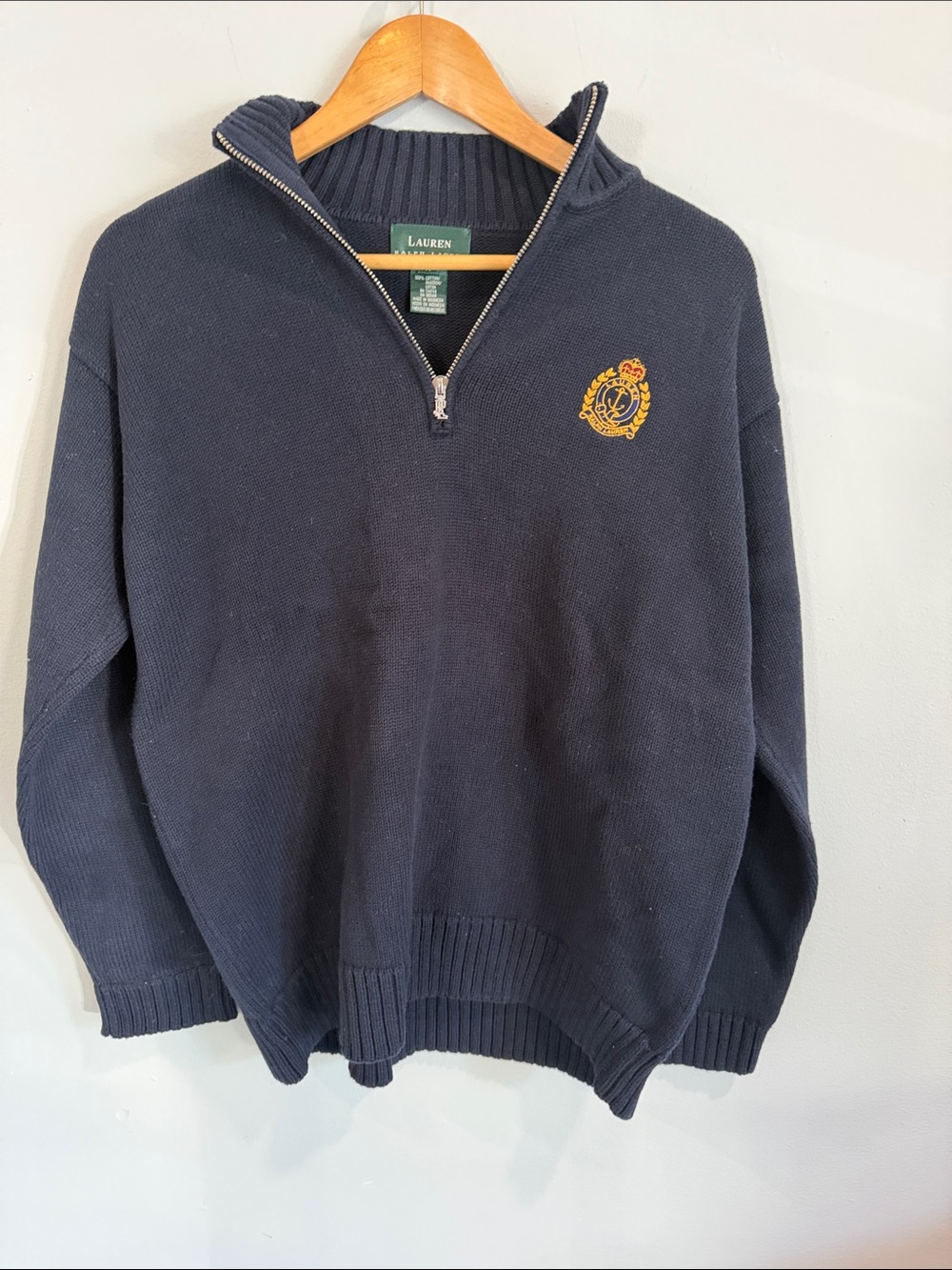 Vintage Lauren Ralph Lauren Navy Half-Zip Sweater with Embroidered Crest
